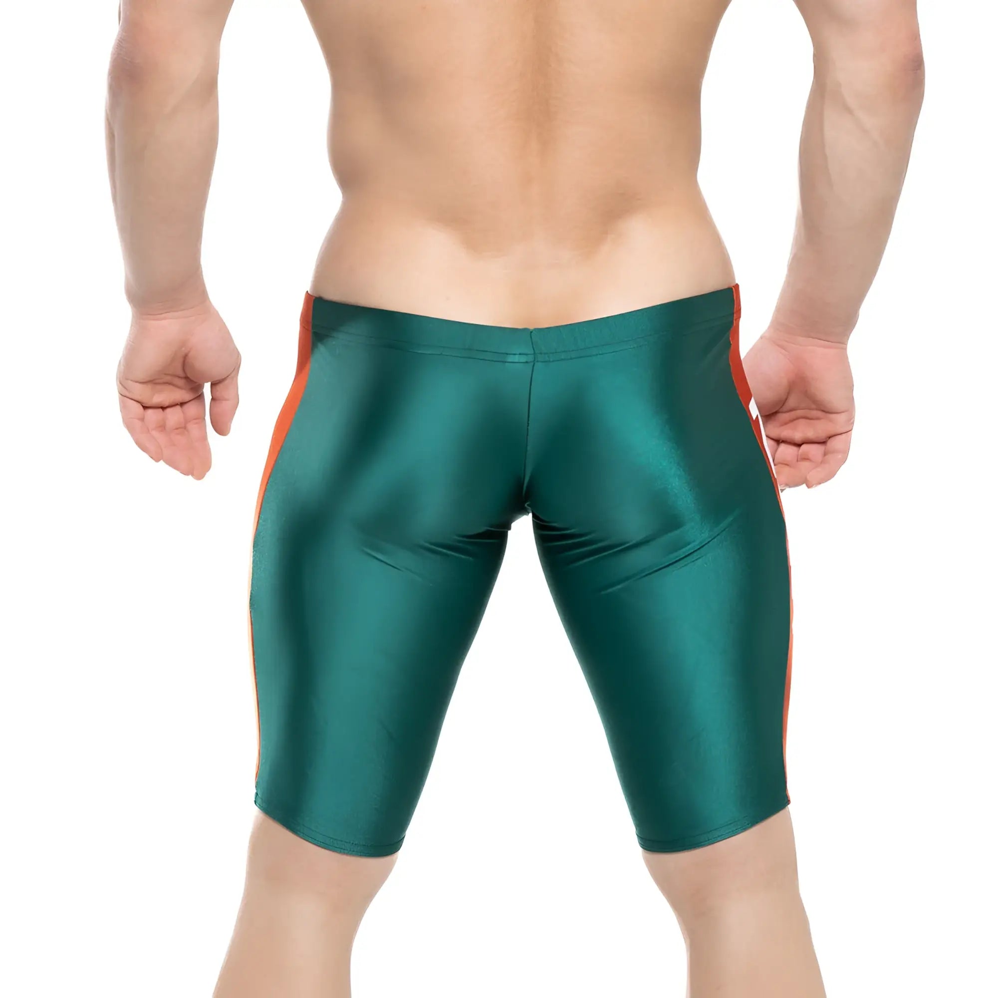Shiny emerald green metromalewear new jammer swim boxer with bold orange side stripes for athletic use
