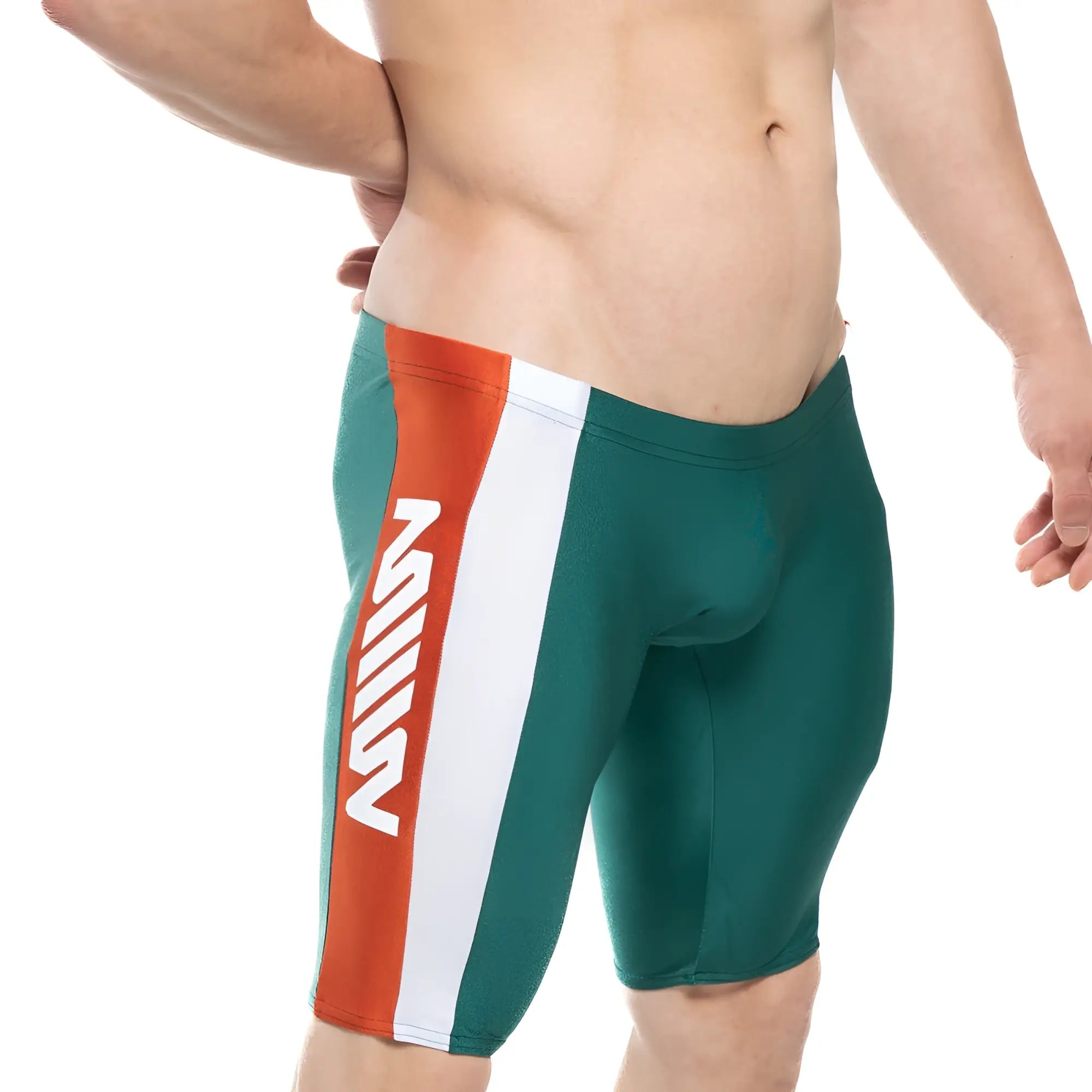 MetroMaleWear New Jammer swim boxer green with bold orange and white vertical stripe and stylized z logo in white