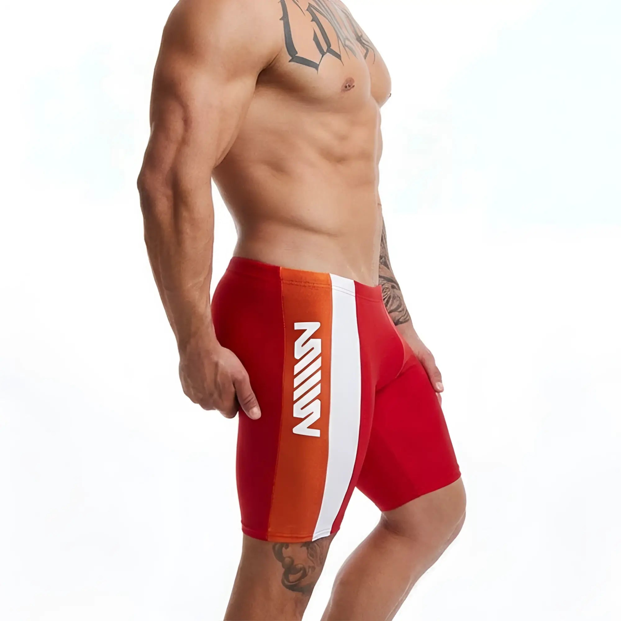 MetroMaleWear New Jammer Swim Boxer Oche 4994-25 red and orange athletic shorts with white stripe and mill logo