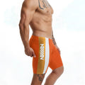 Orange and white metro malewear new jammer swim boxer with vertical stripe and bold mill branding