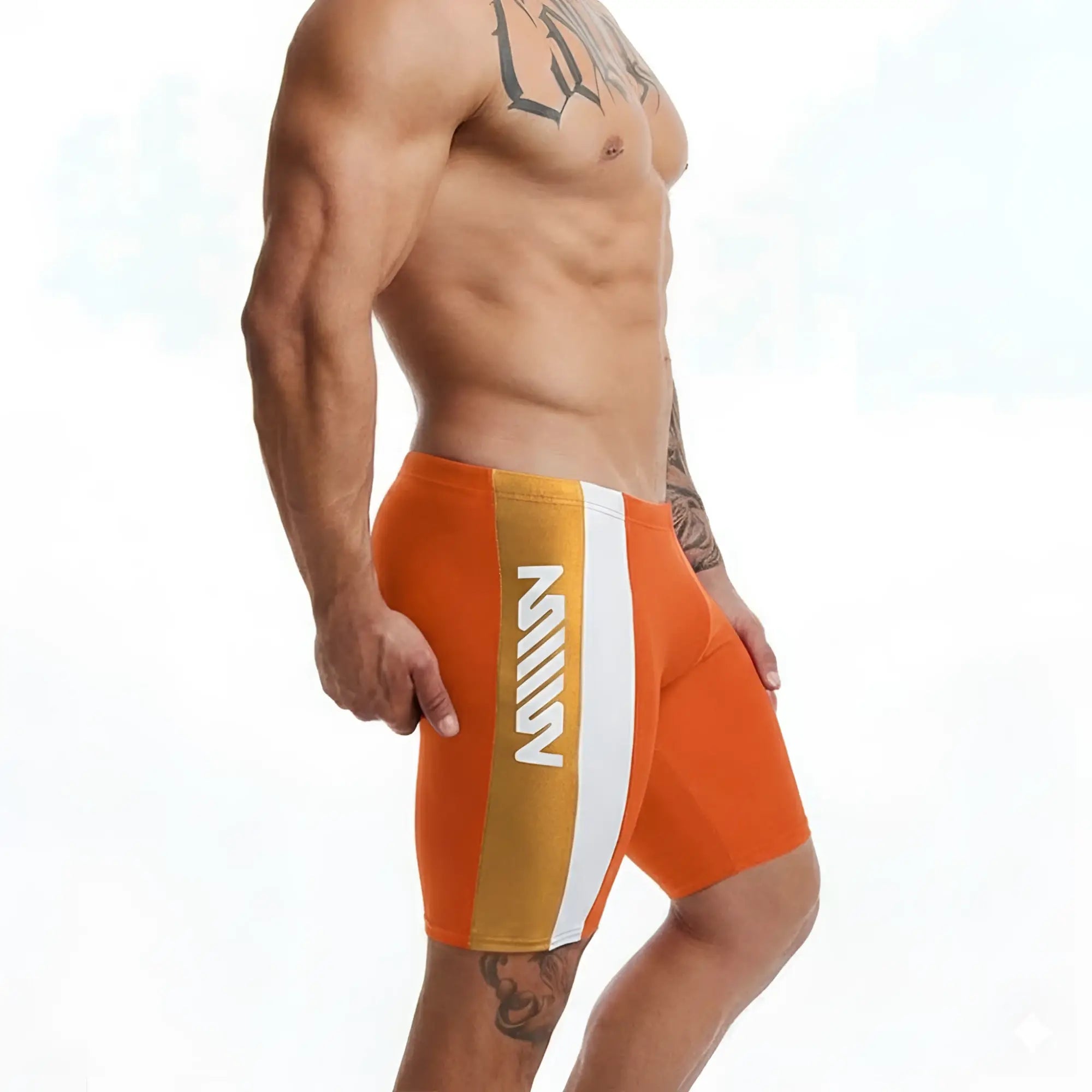 Orange and white metro malewear new jammer swim boxer with vertical stripe and bold mill branding
