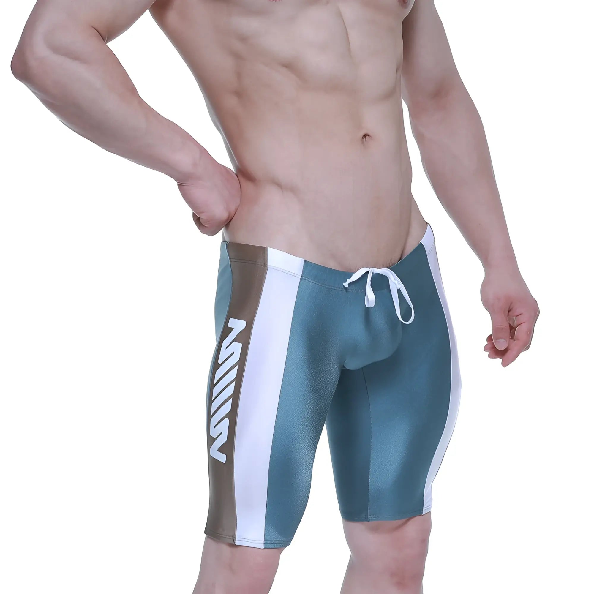 Teal and white athletic swim trunks with brown side stripe and zen branding from metromalewear new jammer 4994-07