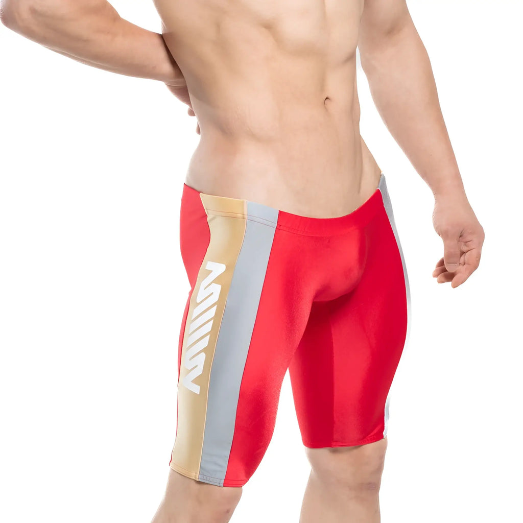 Metro male wear new jammer swim boxer in red with gold and gray vertical stripes for athletic swimming use