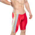 Metro male wear new jammer swim boxer in red with gold and gray vertical stripes for athletic swimming use