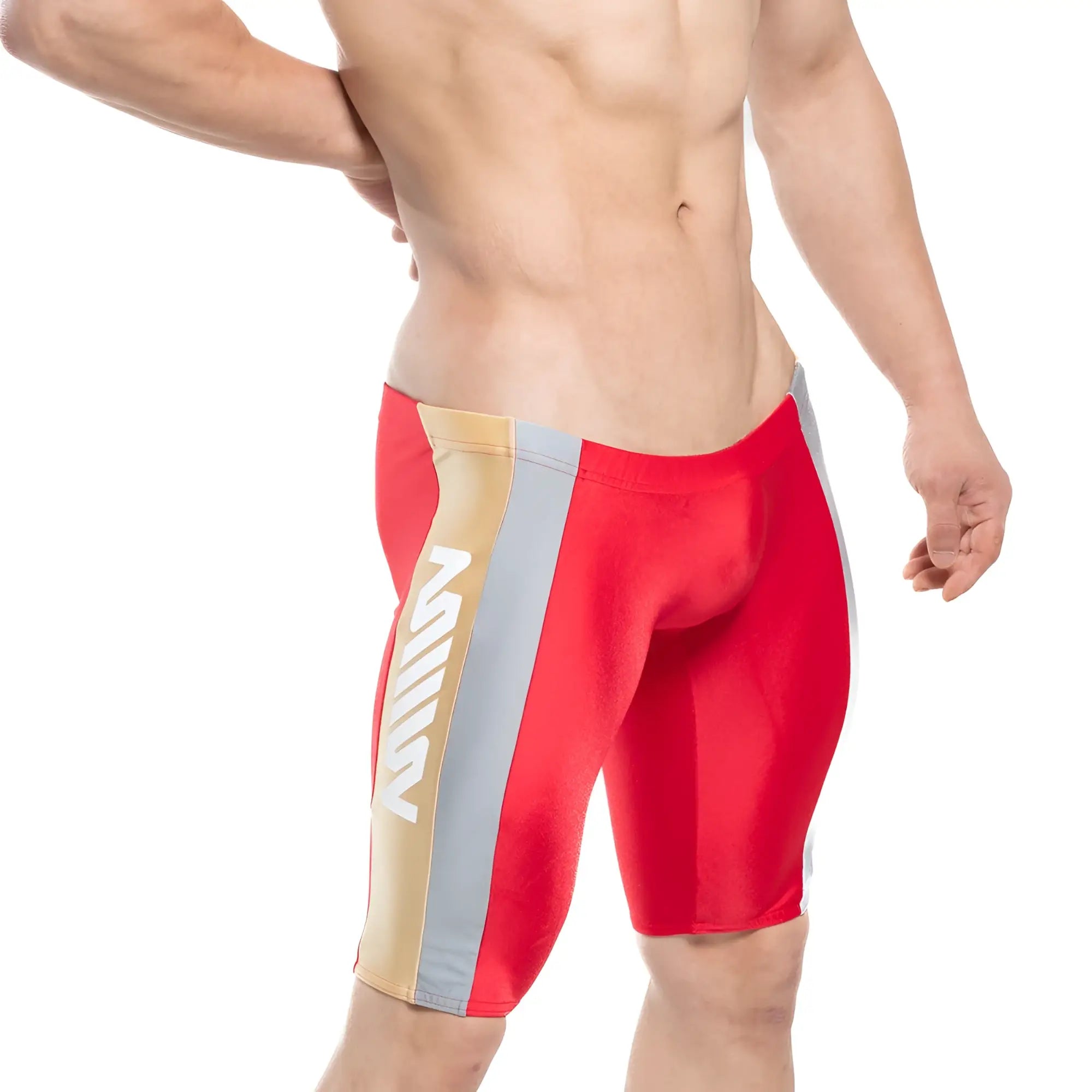 Metro male wear new jammer swim boxer in red with gold and gray vertical stripes for athletic swimming use