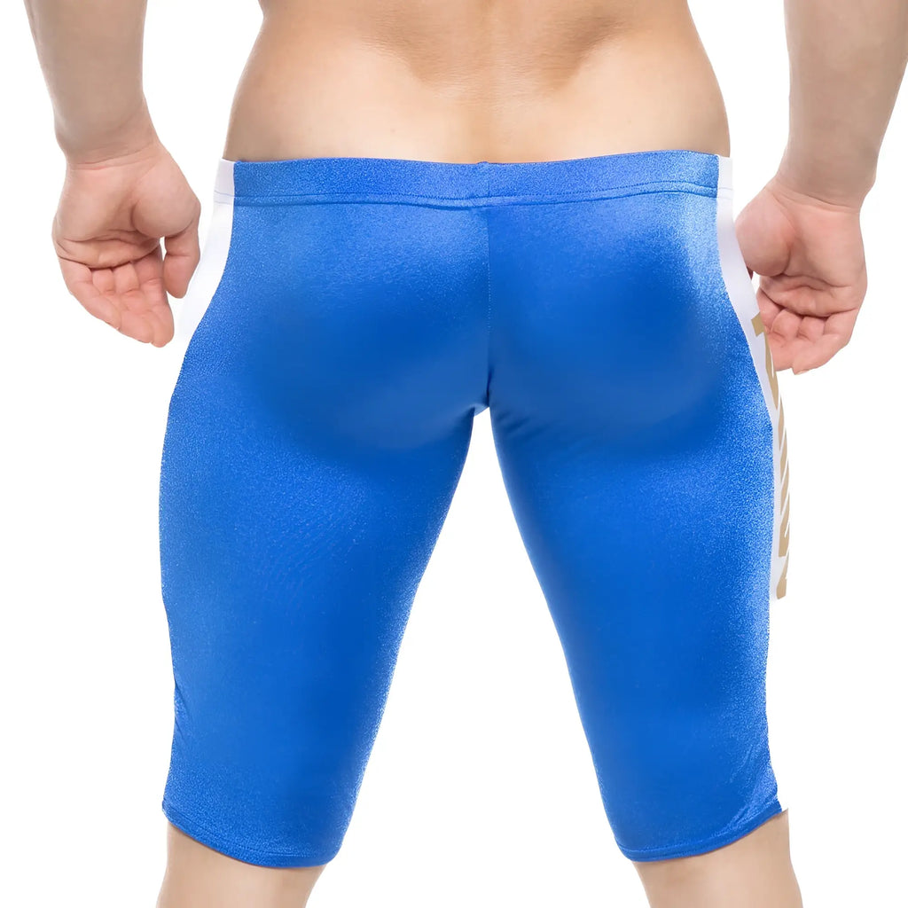MetroMaleWear new jammer swim boxer royal blue shimmering athletic shorts with white side stripes for swimming and training