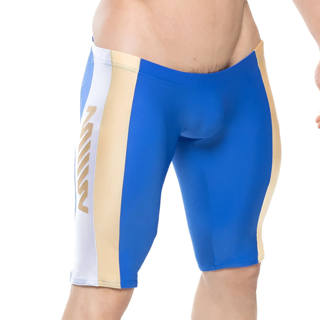 Blue and beige athletic swim trunks with white side stripe and gold logo metroMalewear new jammer swim boxer royal