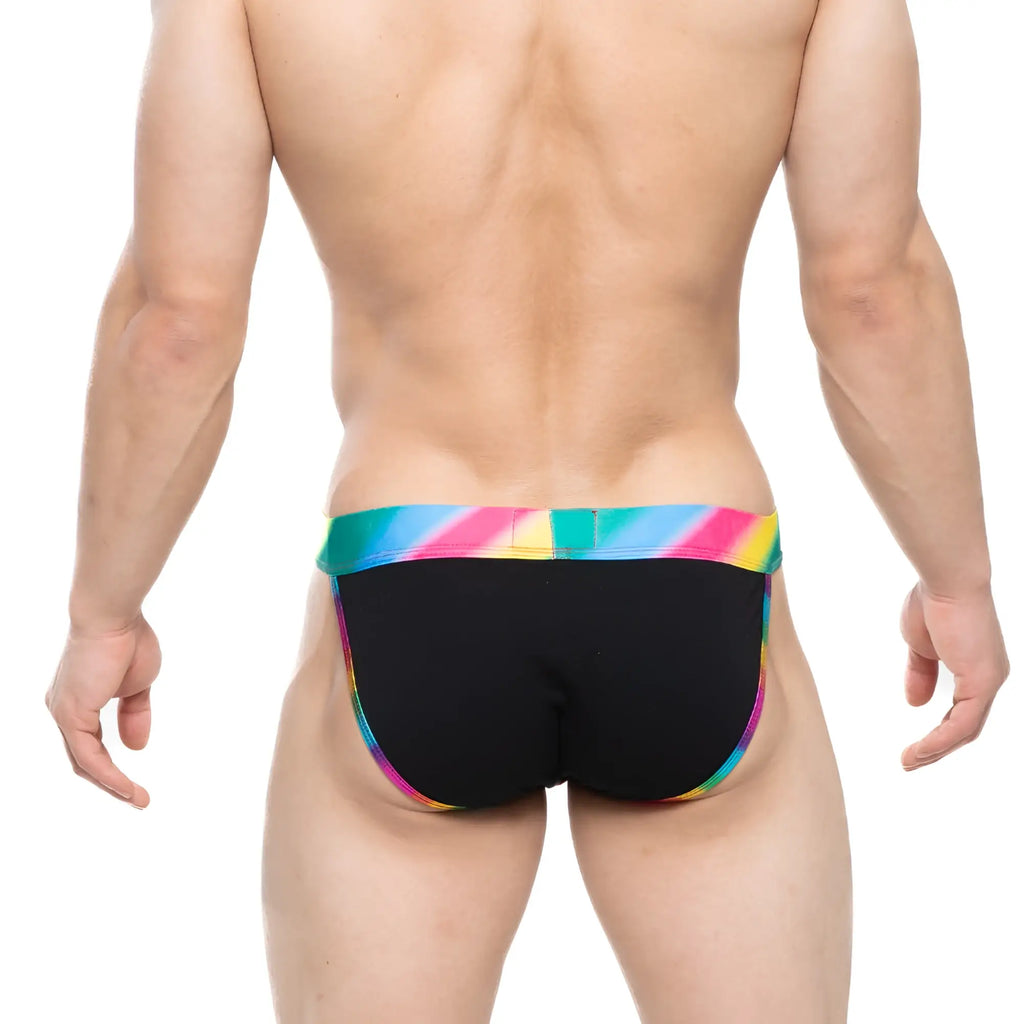 MetroMalewear new pride bikini black swim trunks with vibrant rainbow-striped waistband and side trim