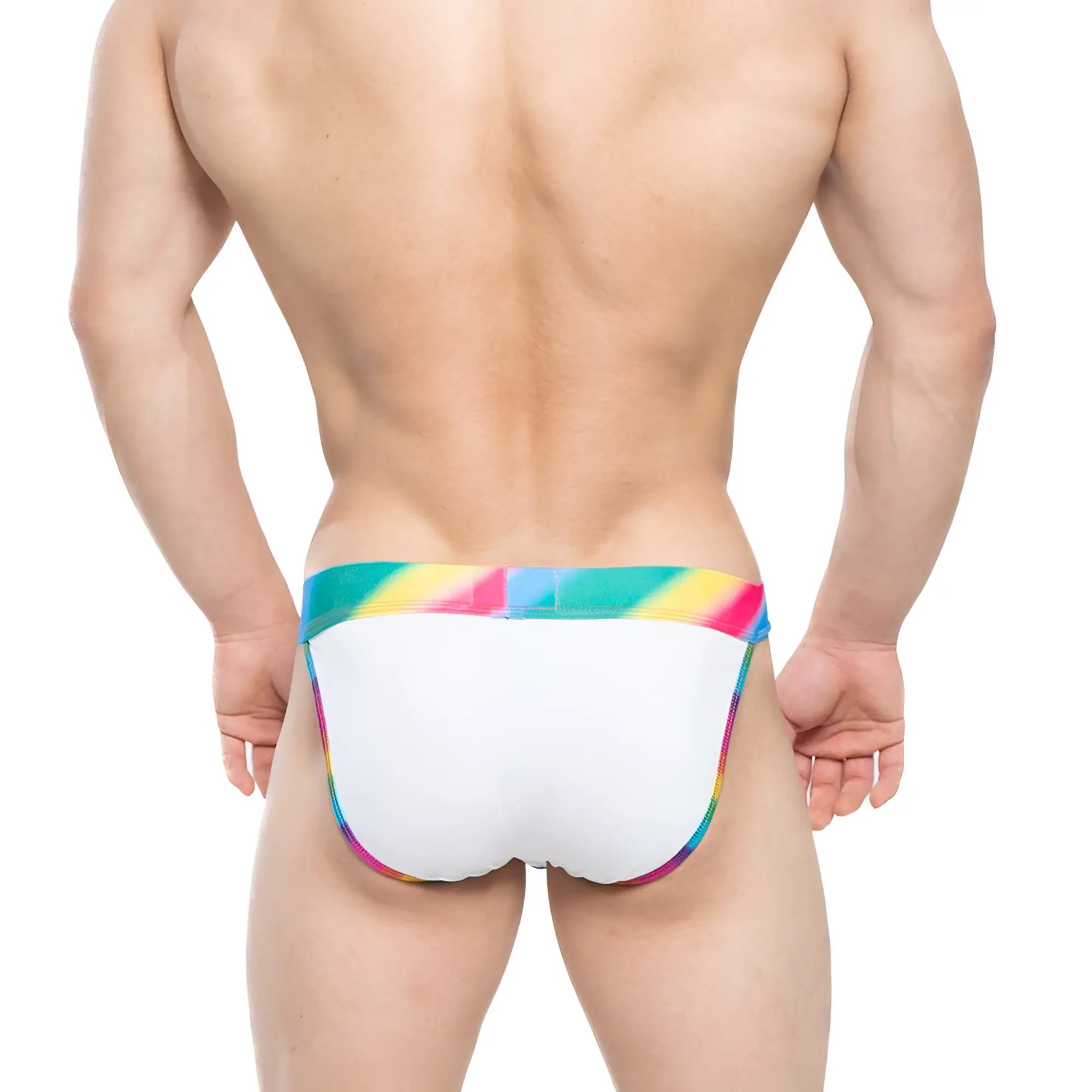 MetroMalewear new pride bikini white swim trunks with vibrant rainbow-striped waistband and trim