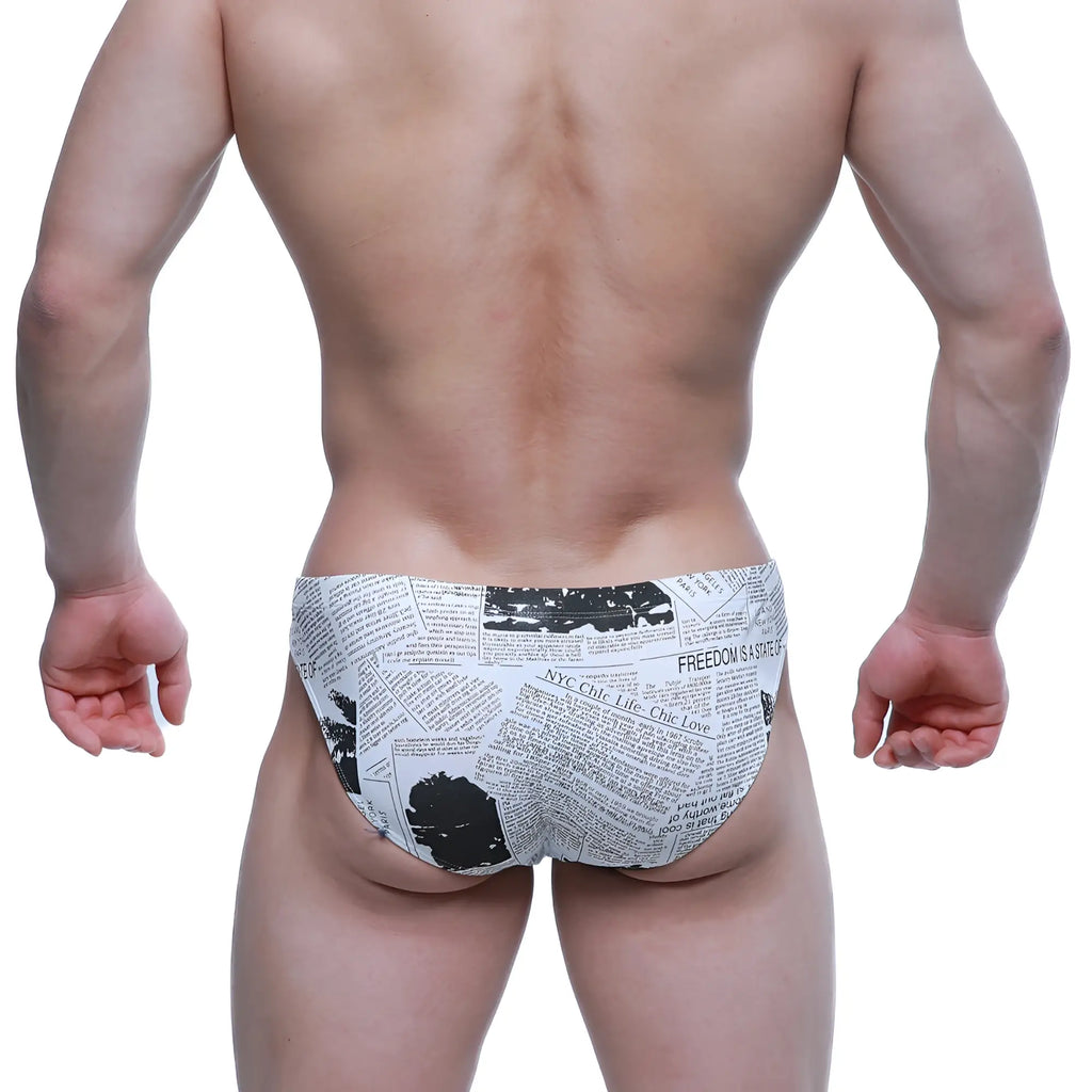 Black and white newspaper print swim trunks metro male wear newspaper bikini 5103-m78 front view