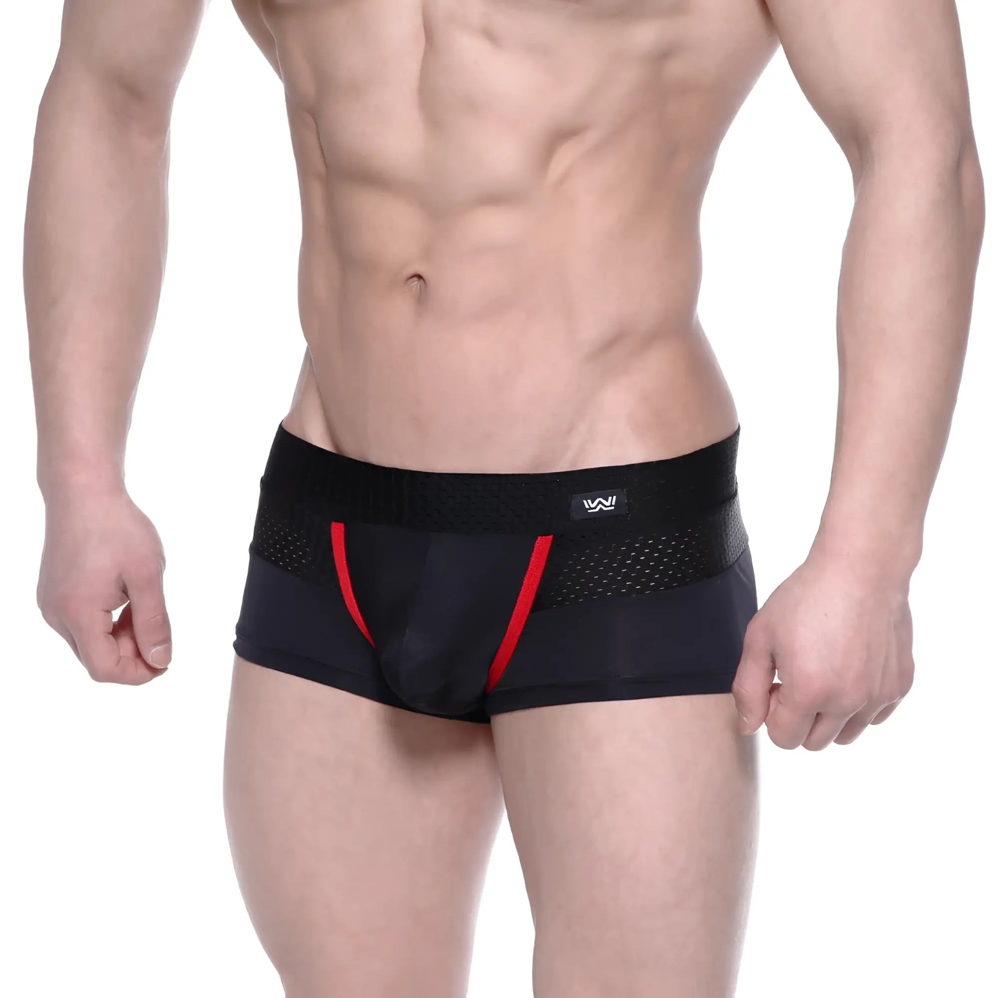Black athletic briefs metroamalewear noto trunk featuring red accent stripes and mesh waistband panel in black