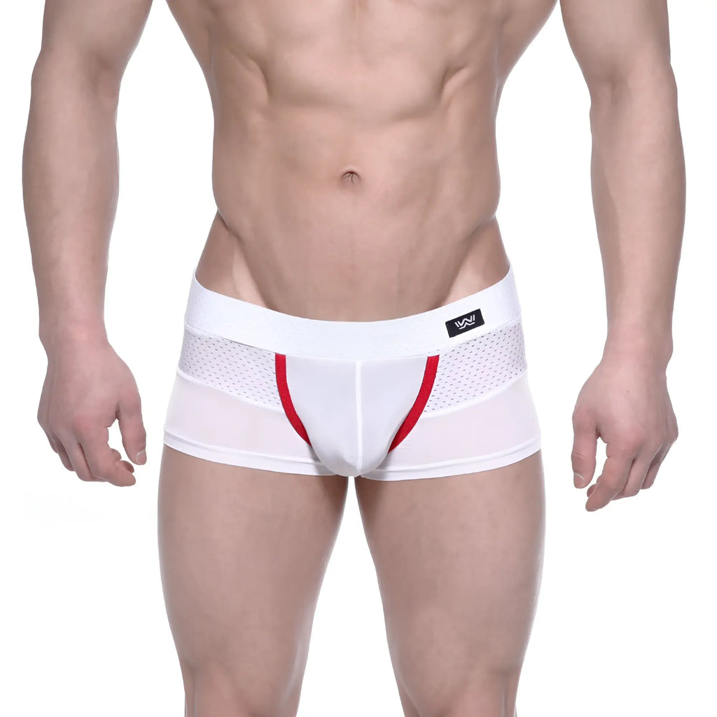 White athletic briefs metro malewear noto trunk with red trim mesh side panel and black logo tag