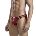 Maroon metro malewear nova bikini briefs with gold chain-like trim and small white brand tag in front view