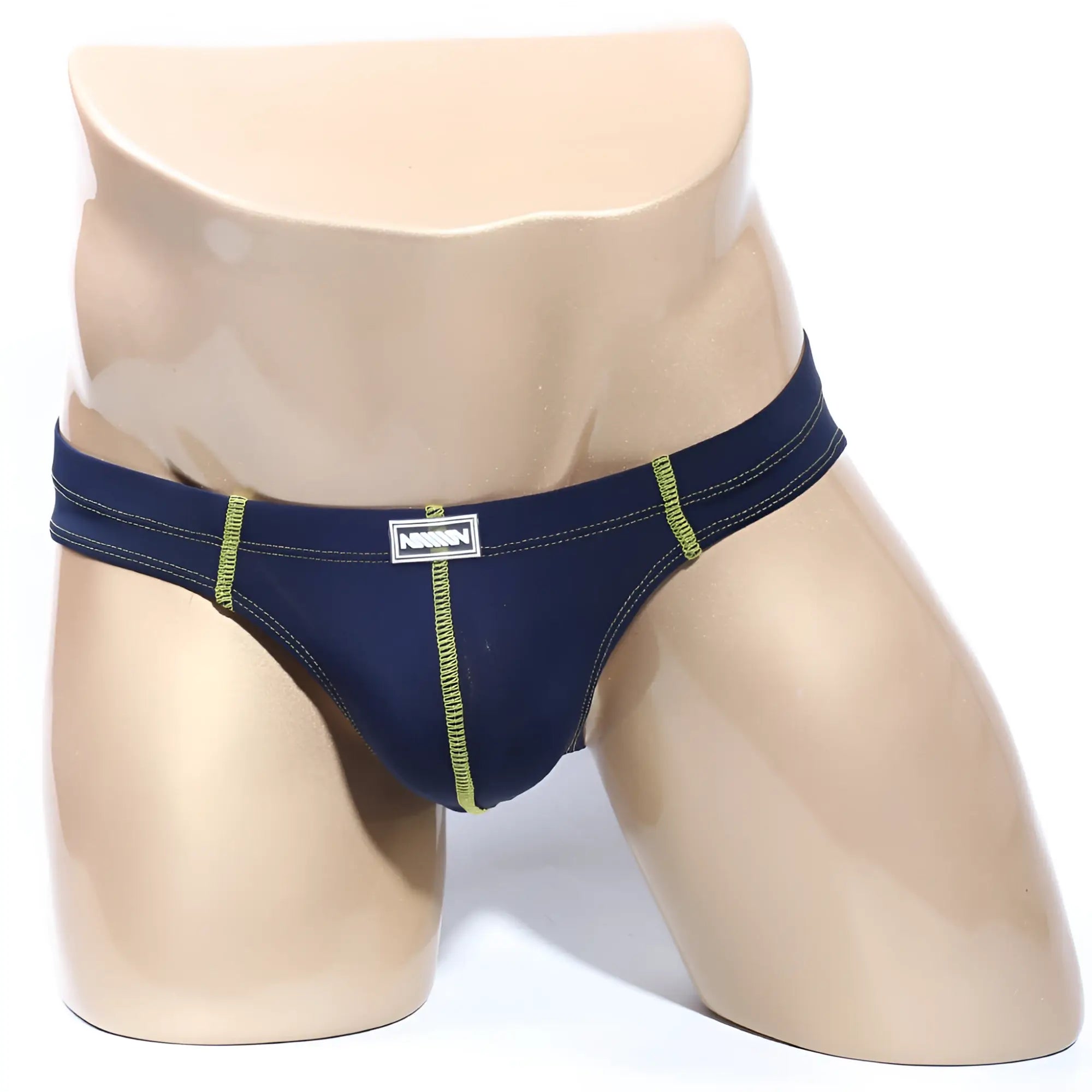MetroMalewear NUCLEO bikini briefs in navy blue with lime green stitching and a white Nixon logo patch