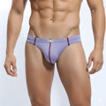 Purple MetroMaleWear NUCLEO bikini briefs with dark red stitching and a small rectangular tag on the waistband