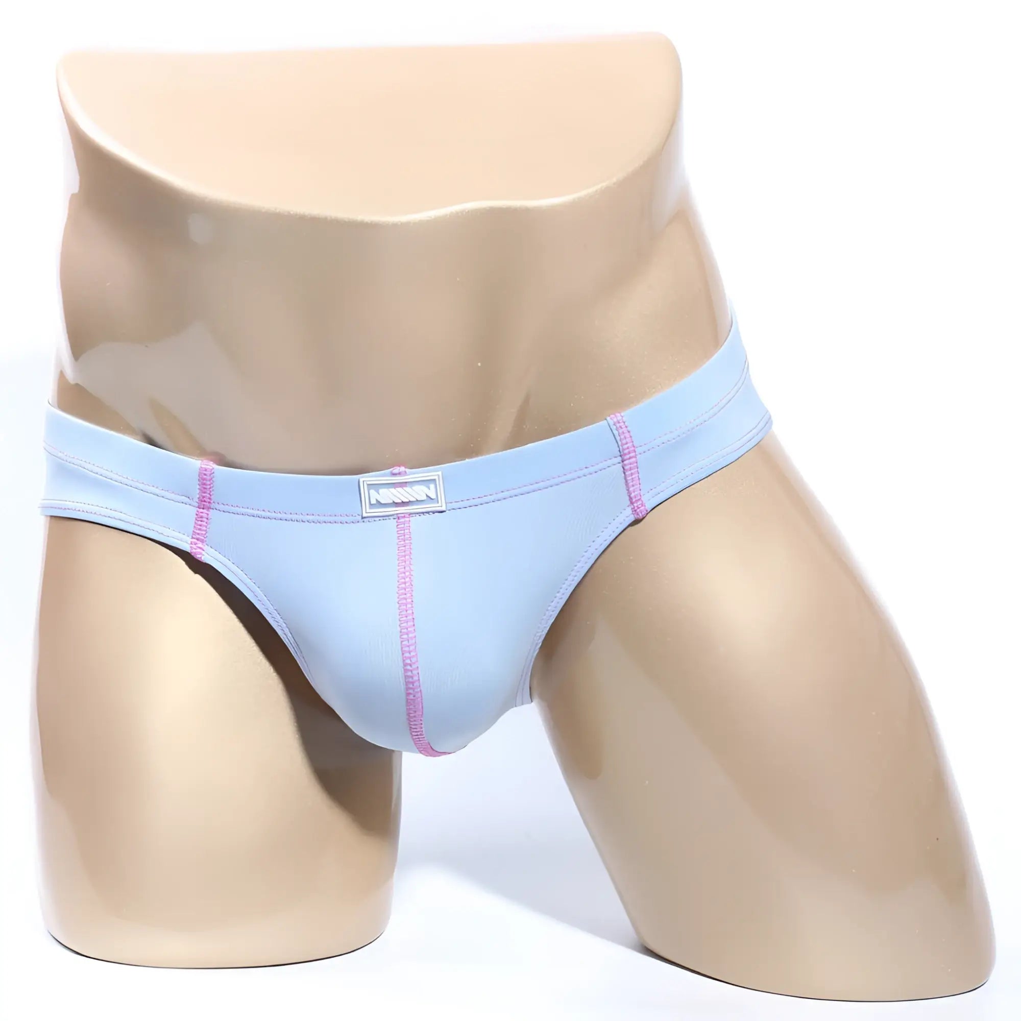 MetroMaleWear NUCLEO bikini sax light blue men’s briefs with pink stitching and brand tag on waistband front side