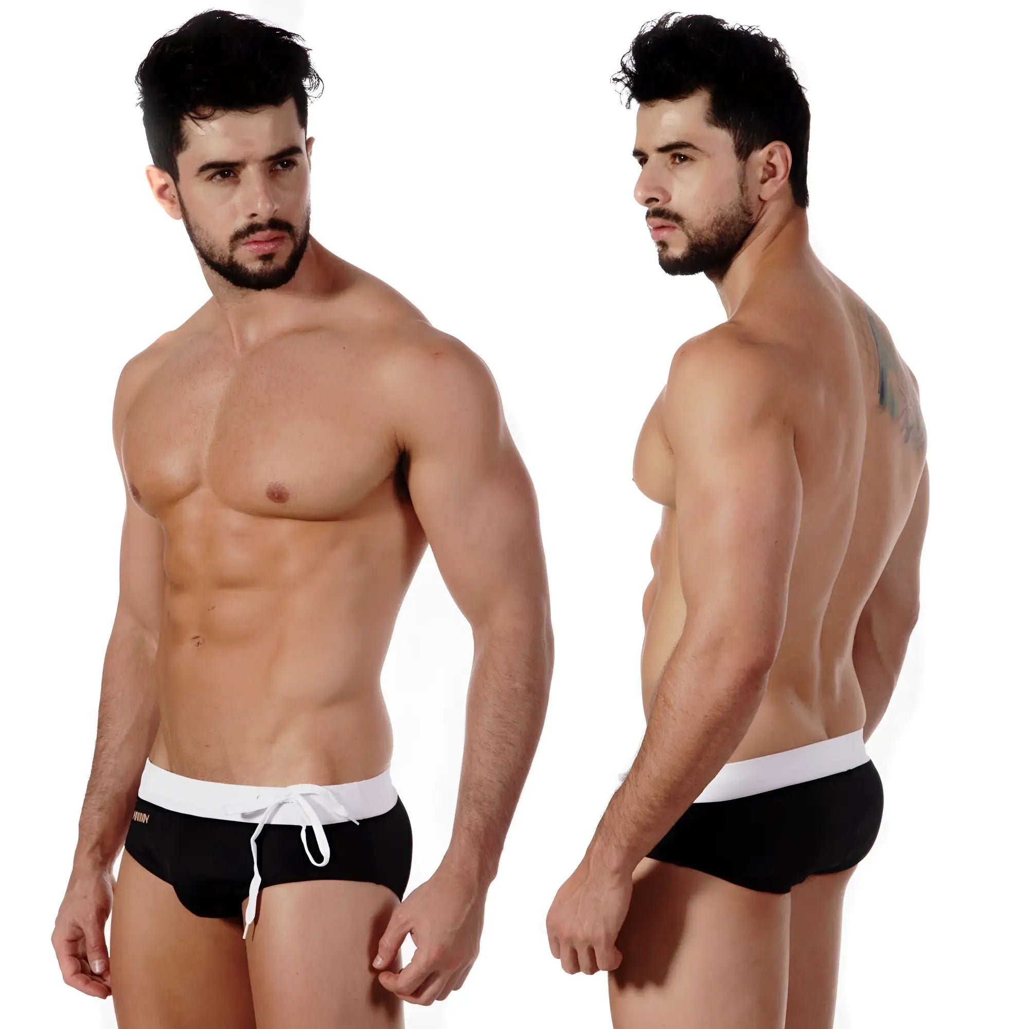 MetroMaleWear Obsidiana swim brief 4910-20 black swim trunks with white waistband and matching drawstring