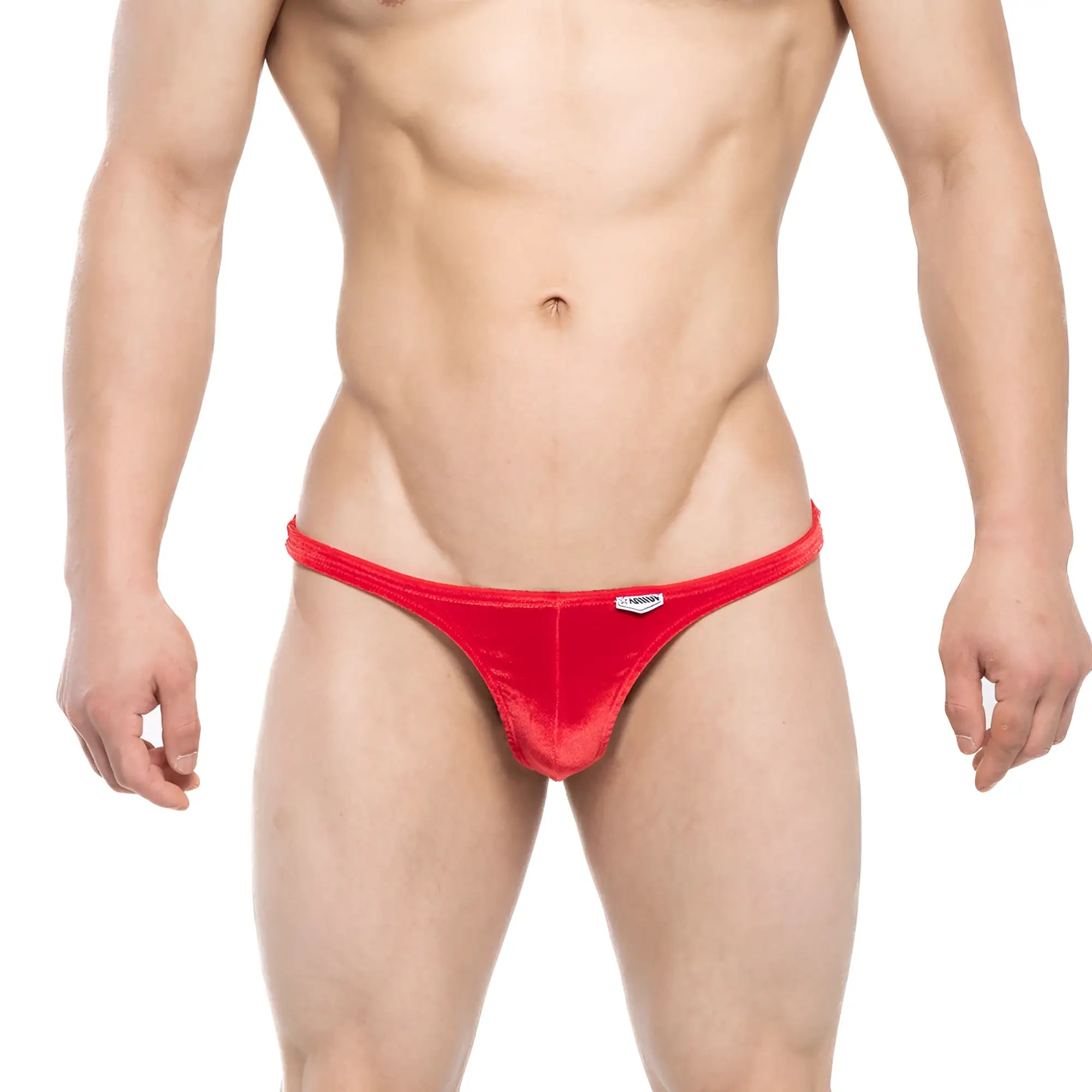 Red velvet thong with small white logo on front by MetroMaleWear Oceano 1032-12 in vibrant red velvet material