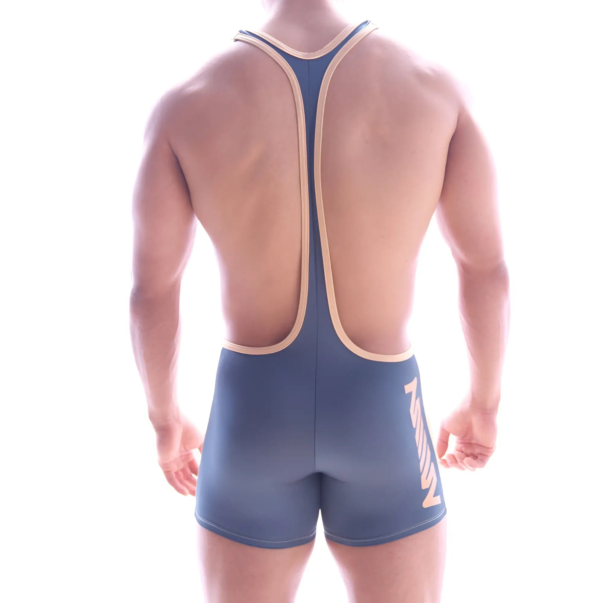Blue wrestling singlet with tan trim and stylized logo on the side from MetroMaleWear Olympian singlet Green 2094-07