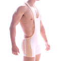 White and beige MetroMaleWear Olympian singlet 2094-00 with sleek athletic design for wrestling use