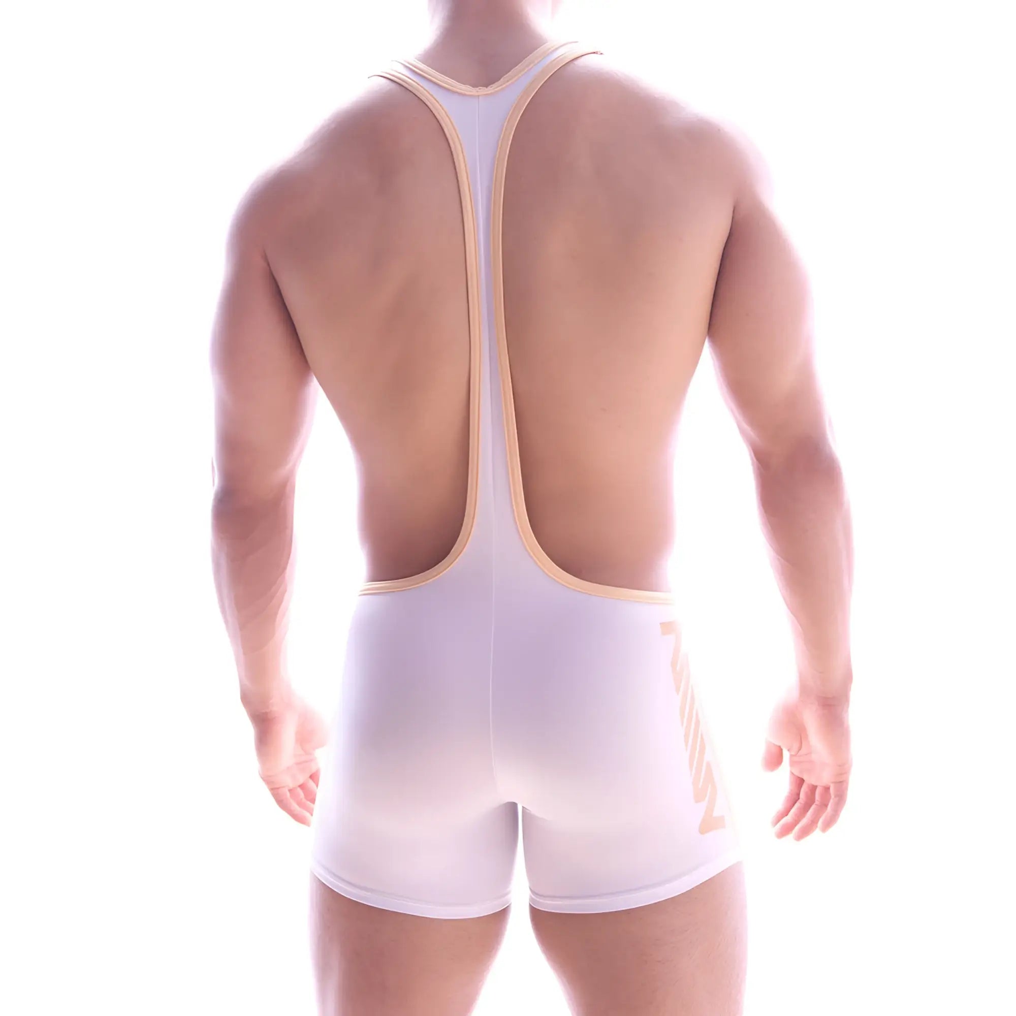 MetroMaleWear Olympian singlet white wrestling singlet with beige trim and diagonal stripe on the side