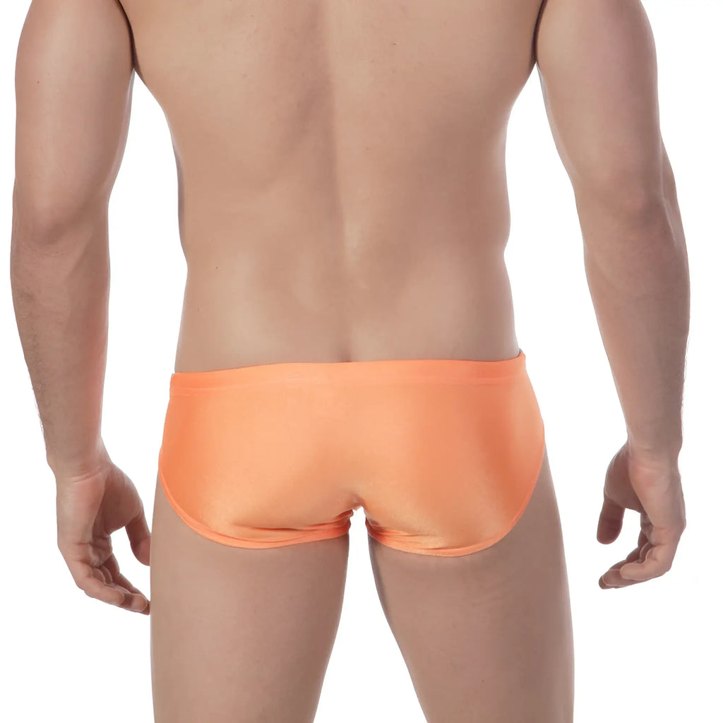 Orange satin swim trunks from metromalewear olympian swim brief 4905-14 designed for men and water use