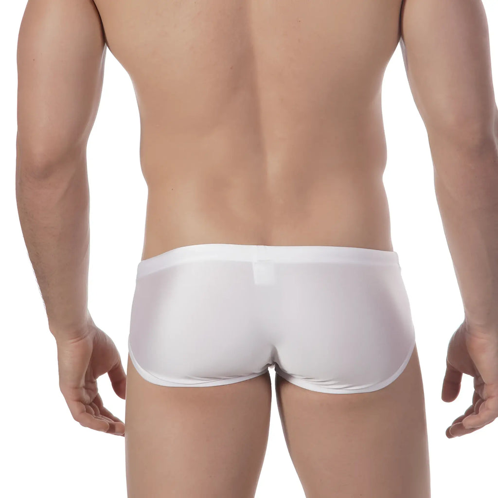 MetroMaleWear Olympian swim brief white with form-fitting smooth glossy fabric and subtle textured waistband pattern