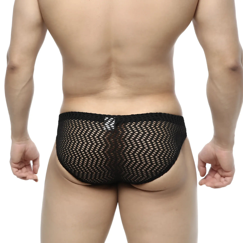 MetroMaleWear onda bikini black 5103-34 black mesh briefs with hexagonal pattern and solid waistband front view