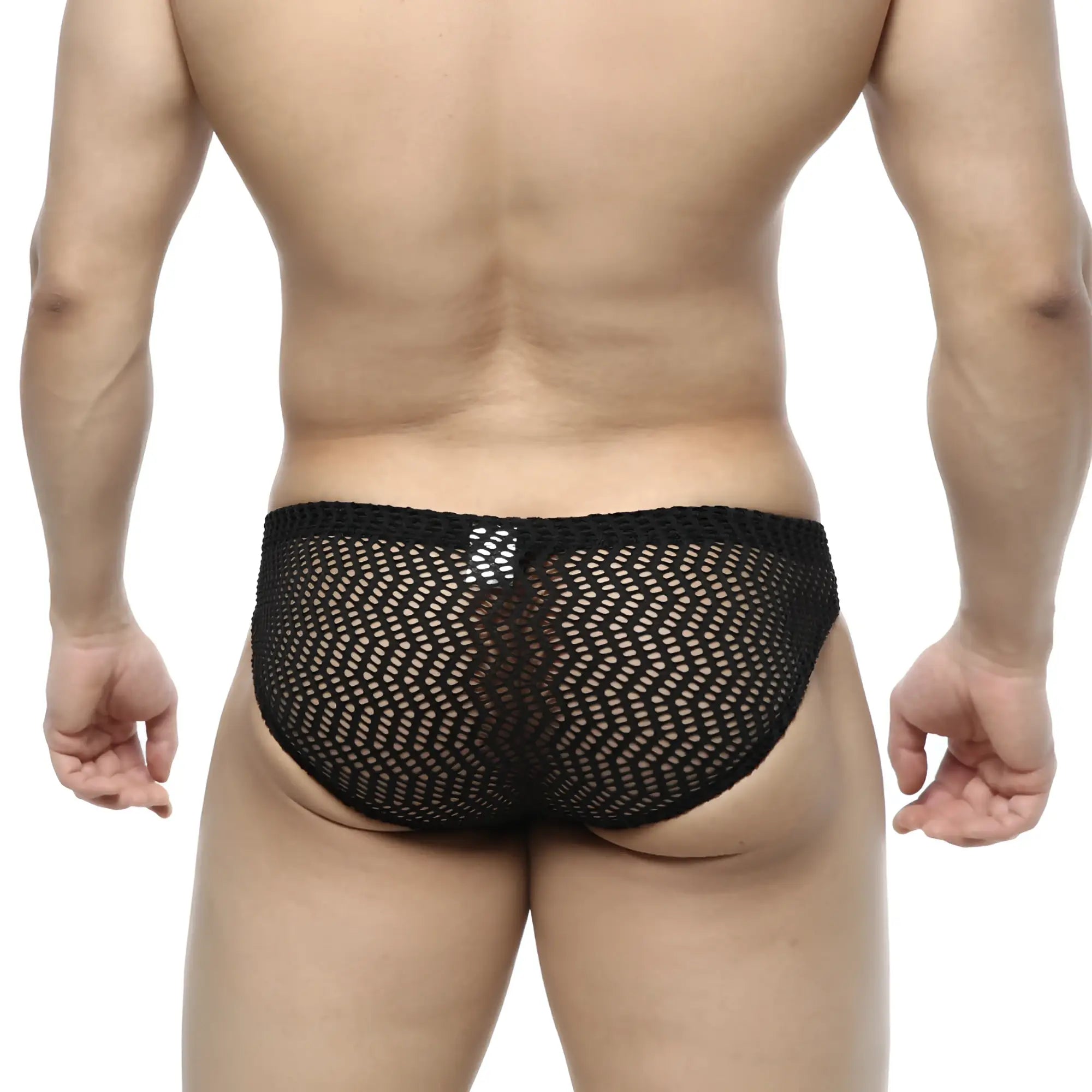 MetroMaleWear onda bikini black 5103-34 black mesh briefs with hexagonal pattern and solid waistband front view