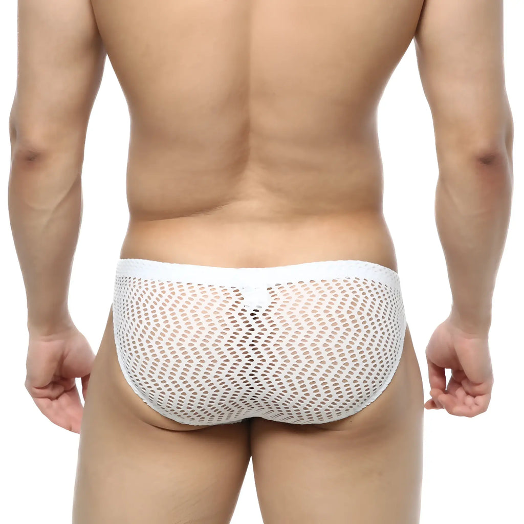 Metro male wear onda bikini white mesh briefs with small evenly spaced holes for breathable comfort