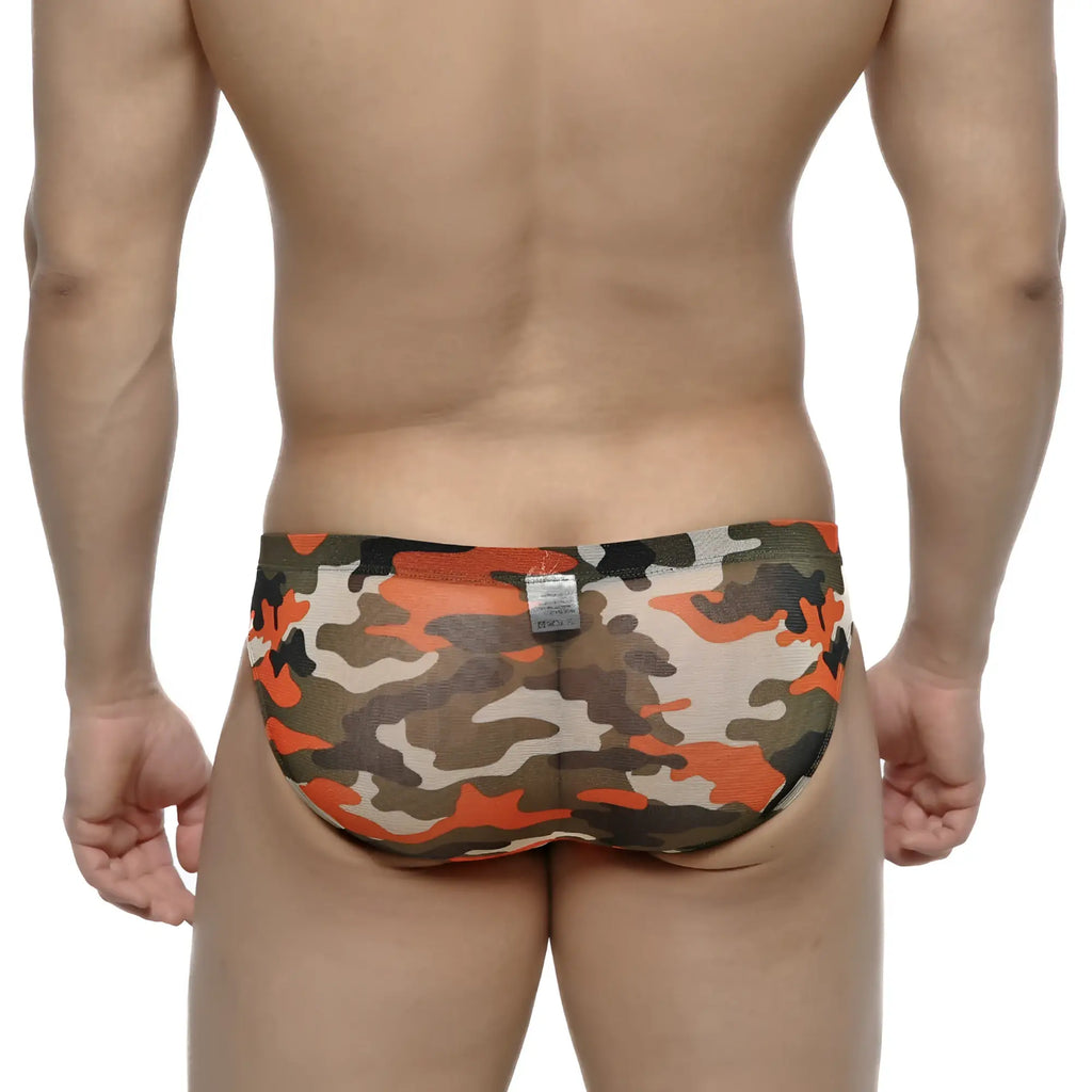 MetroMaleWear orange camo hip brief 5103-80 in orange green and beige stretchy camouflage fabric