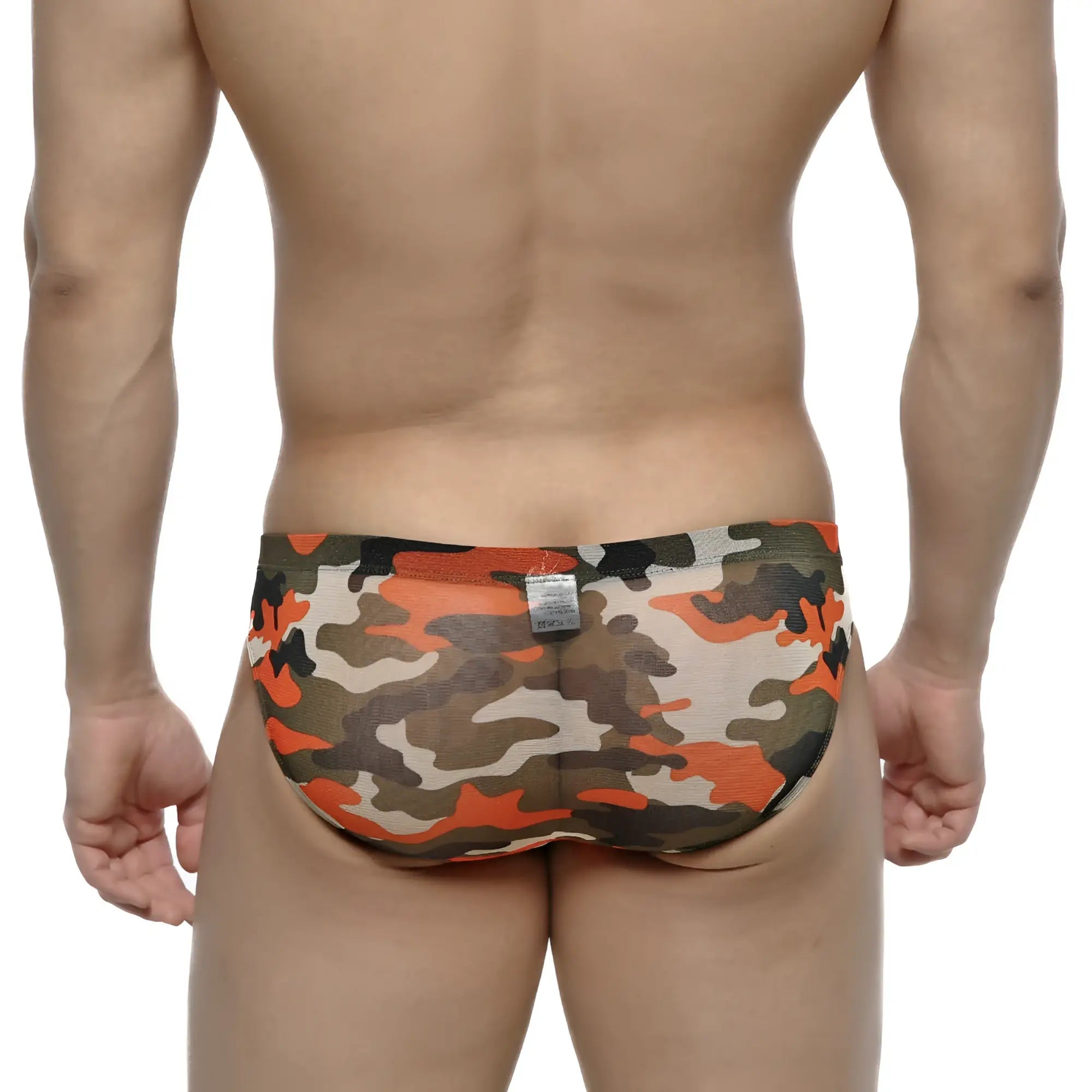 MetroMaleWear orange camo hip brief 5103-80 in orange green and beige stretchy camouflage fabric