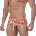 MetroMaleWear orange colander swim brief 4916-32 features orange swim trunks with white and yellow geometric weave pattern