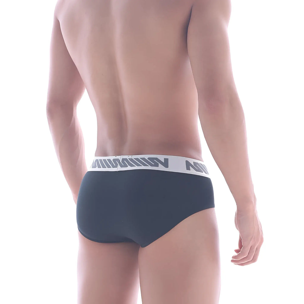 Dark gray mens briefs metroMalewear oriental brief black 5005-20 with white elastic waistband and bold black logo