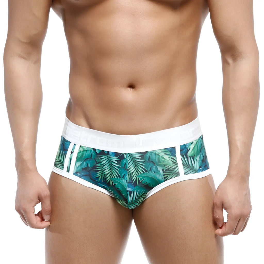 MetroMalewear Oriental brief Jungle 5005-09 men’s tropical leaf-patterned briefs with white elastic waistband and trim