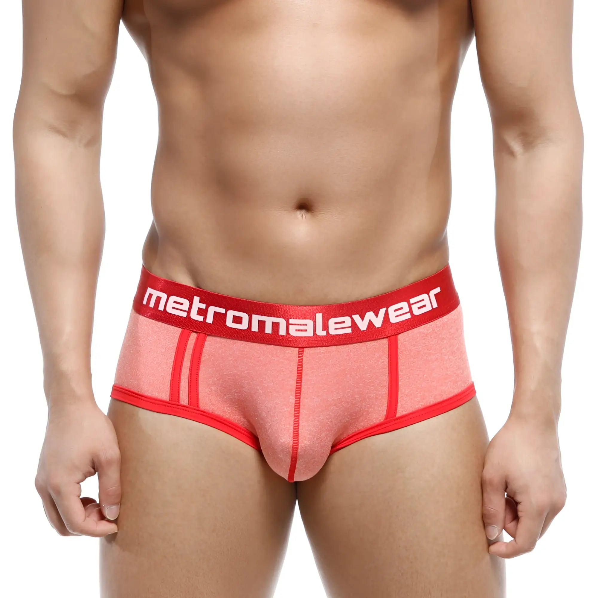 MetroMalewear oriental brief orange 5005-14 features a coral textured fabric and bold red waistband with white logo