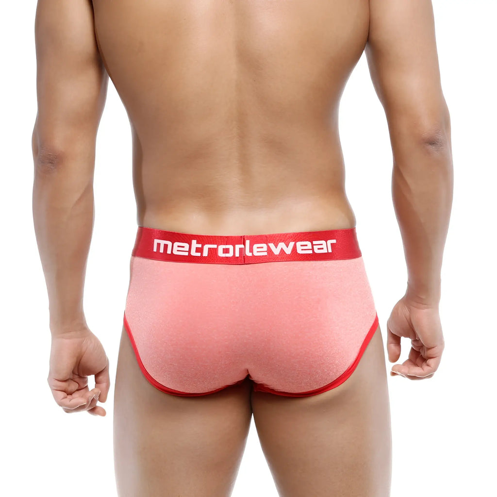 Pink textured briefs with red trim and metromalewear logo waistband from metromalewear oriental brief orange 5005 14