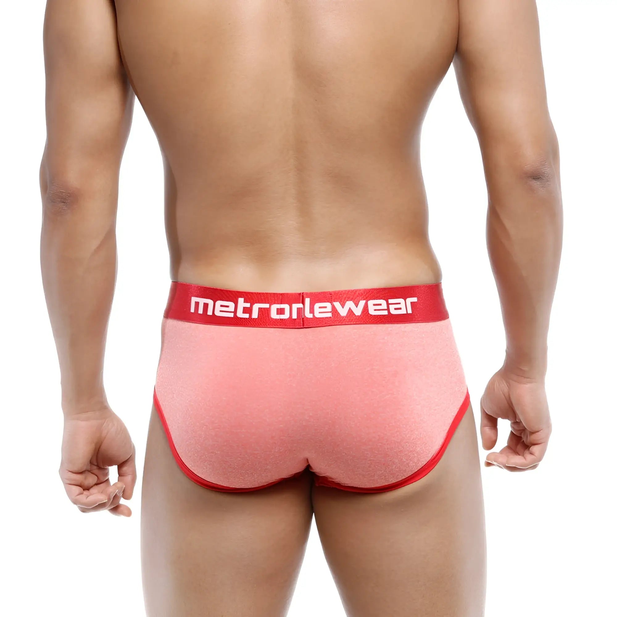 Pink textured briefs with red trim and metromalewear logo waistband from metromalewear oriental brief orange 5005 14