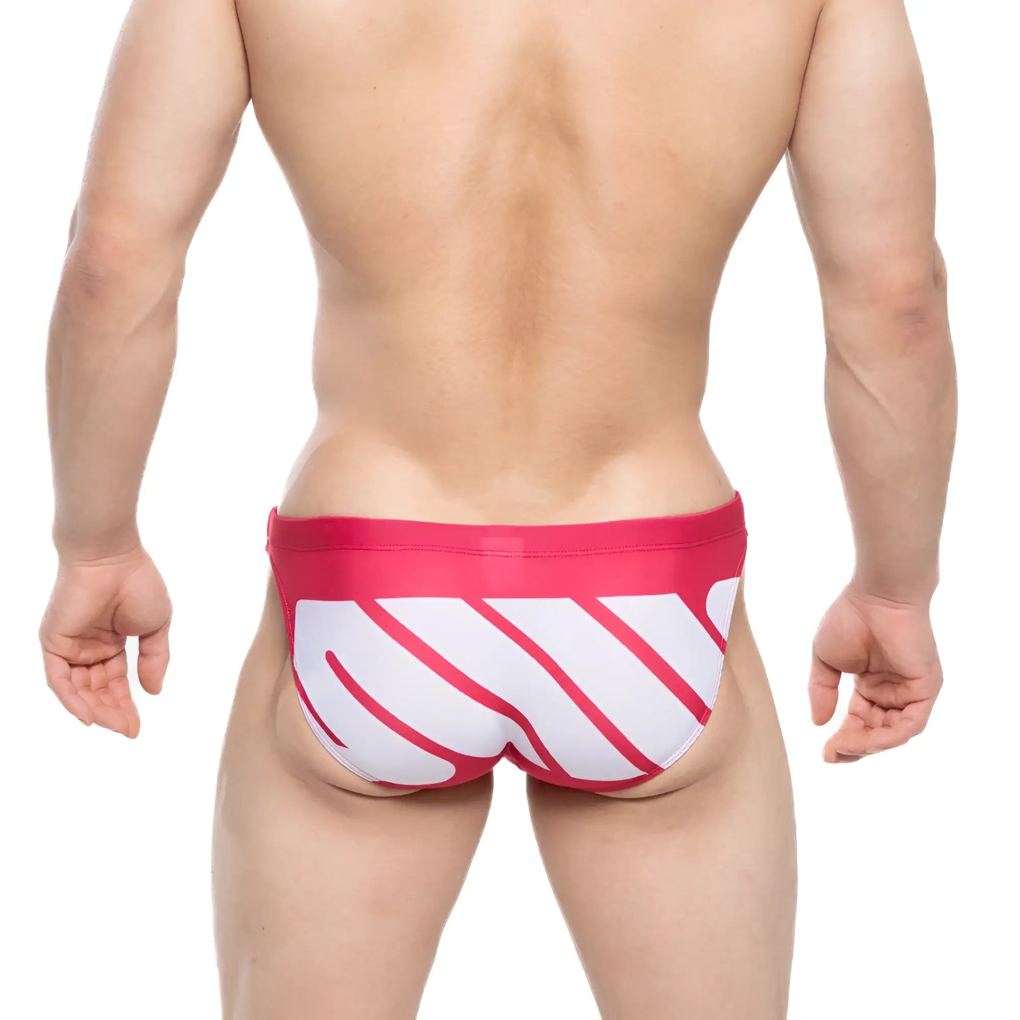 MetroMaleWear original swim bikini logo 4937-93 bright pink and white striped swim trunks with bold modern design