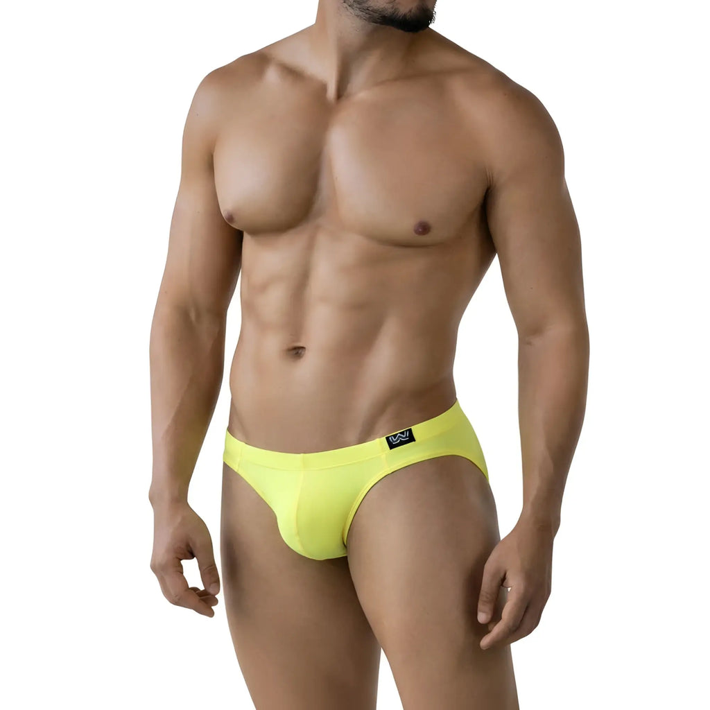 Bright yellow metro malewear oro bikini 5103-17 men’s briefs with black logo waistband in front view