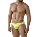 Bright yellow metro malewear oro bikini 5103-17 men’s briefs with black logo waistband in front view
