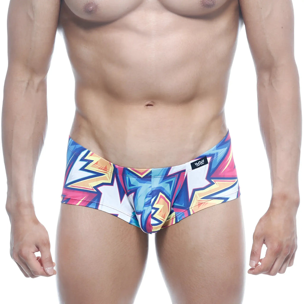 MetroMaleWear Oscar boxer atractivo 2125-33 vibrant swim trunks with bold blue pink and yellow geometric patterns