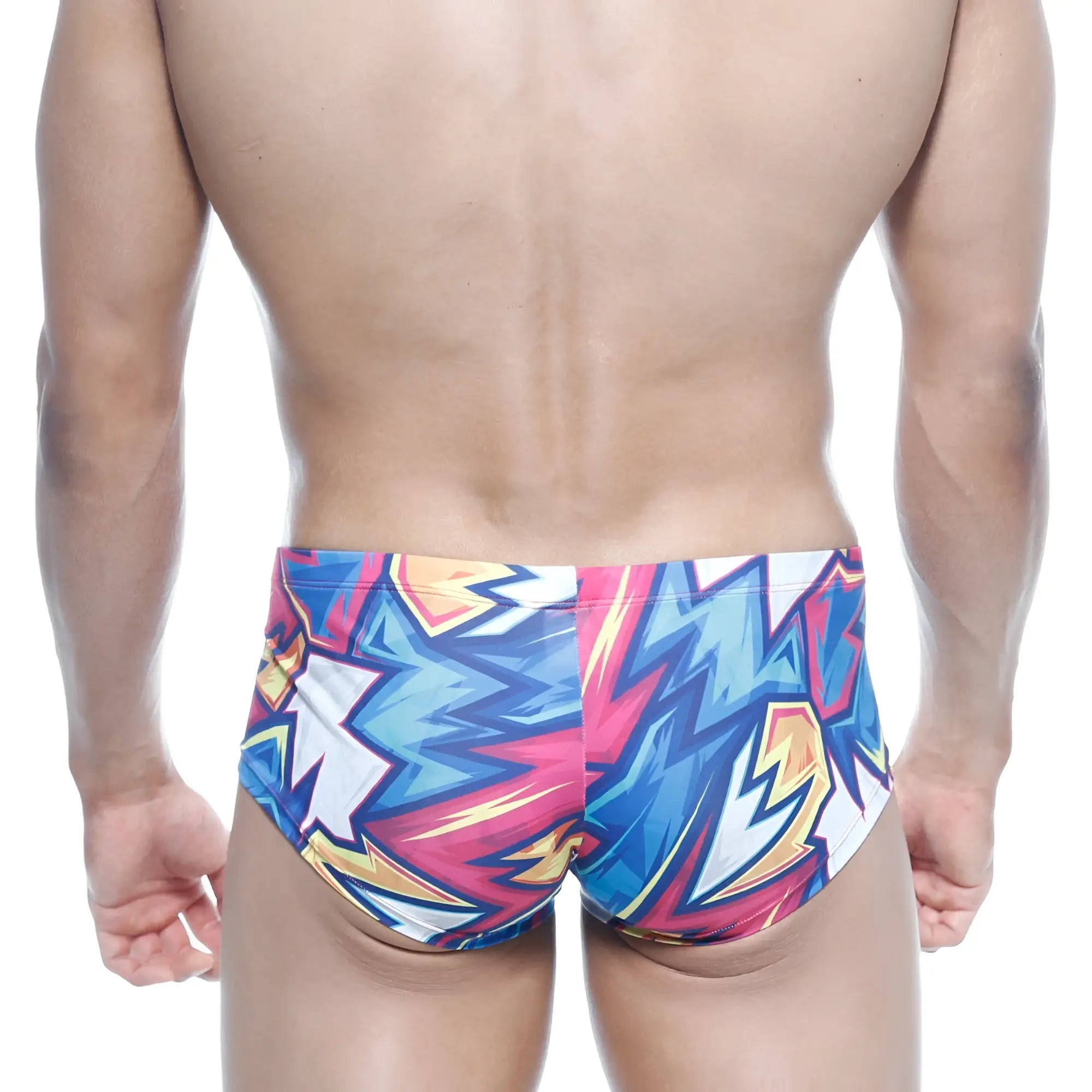 MetroMaleWear Oscar boxer atractivo 2125-33 vibrant graffiti-style swim trunks with bold blue pink and yellow zigzag pattern