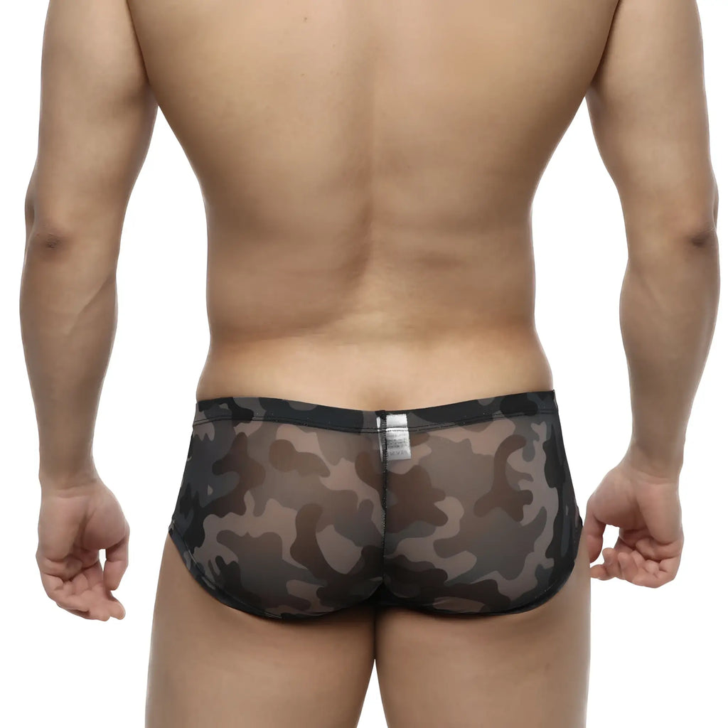 MetroMaleWear Oscar boxer camouflage 2125-93 sheer mesh briefs in black and brown camouflage pattern front view