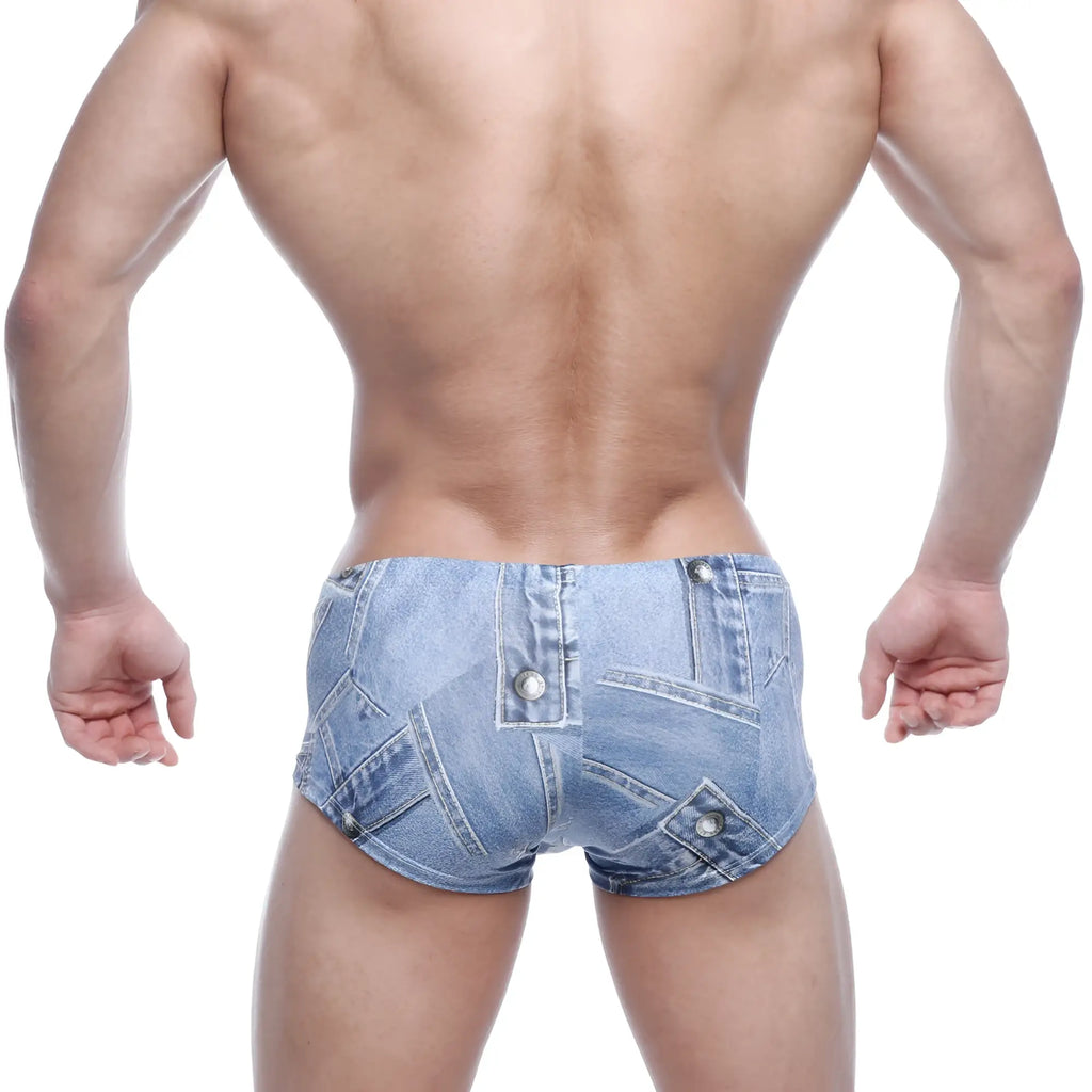 Light blue denim shorts with patchwork design multiple pockets and button details MetroMaleWear Oscar Boxer Denim Blue