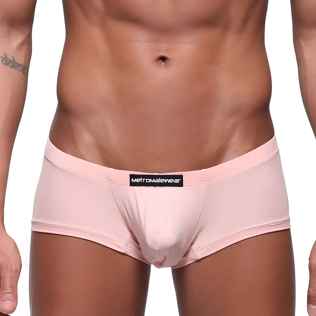 Pink mens briefs with black metromalewear label on waistband metro malewear oscar boxer dusty pink 2125-02