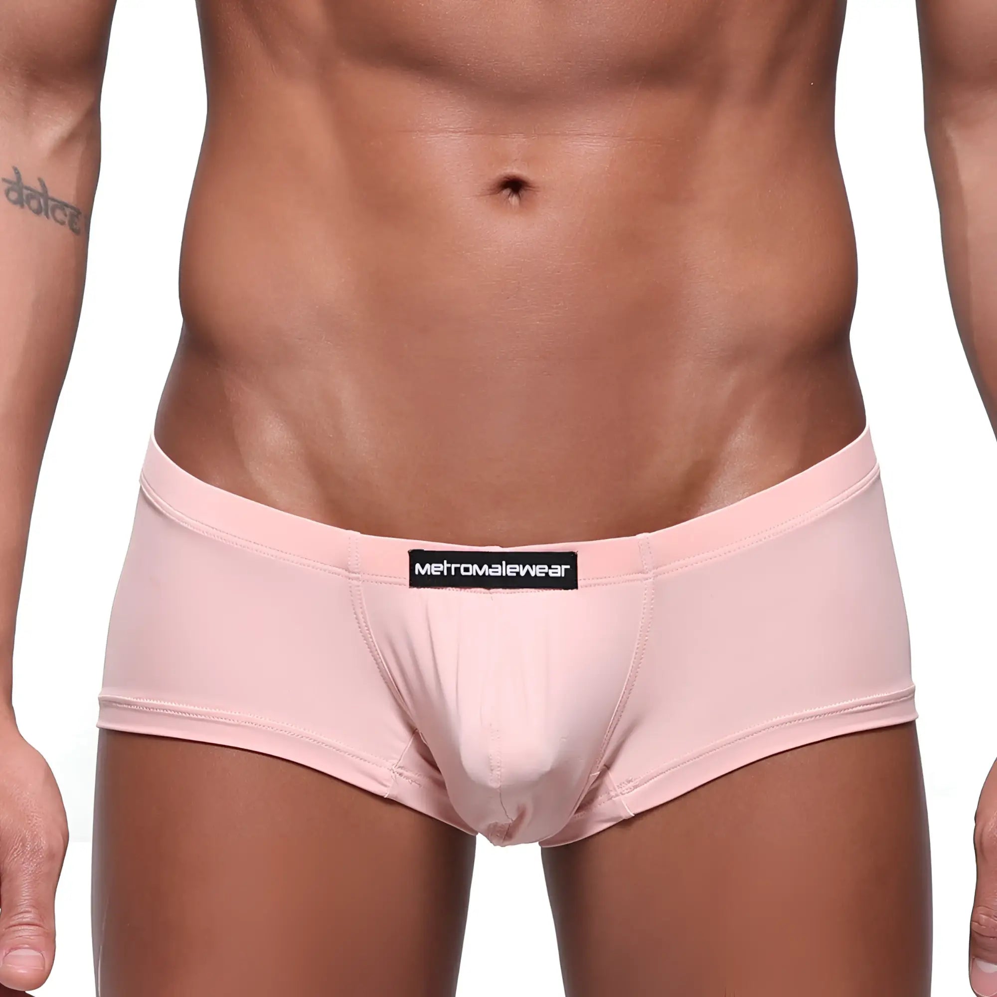 Pink mens briefs with black metromalewear label on waistband metro malewear oscar boxer dusty pink 2125-02