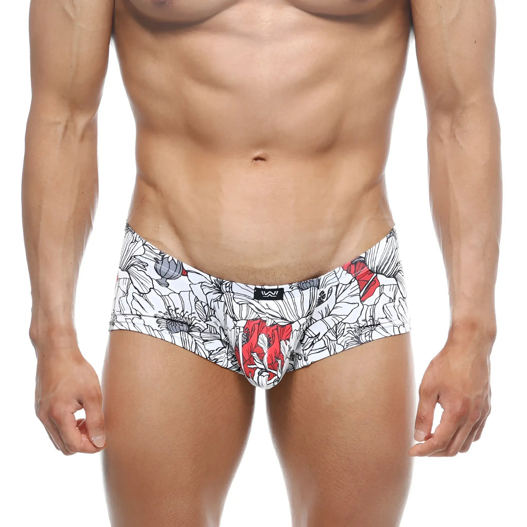 White briefs metro male wear oscar boxer escobar 2125-09 with bold black and red floral pattern and black waistband logo