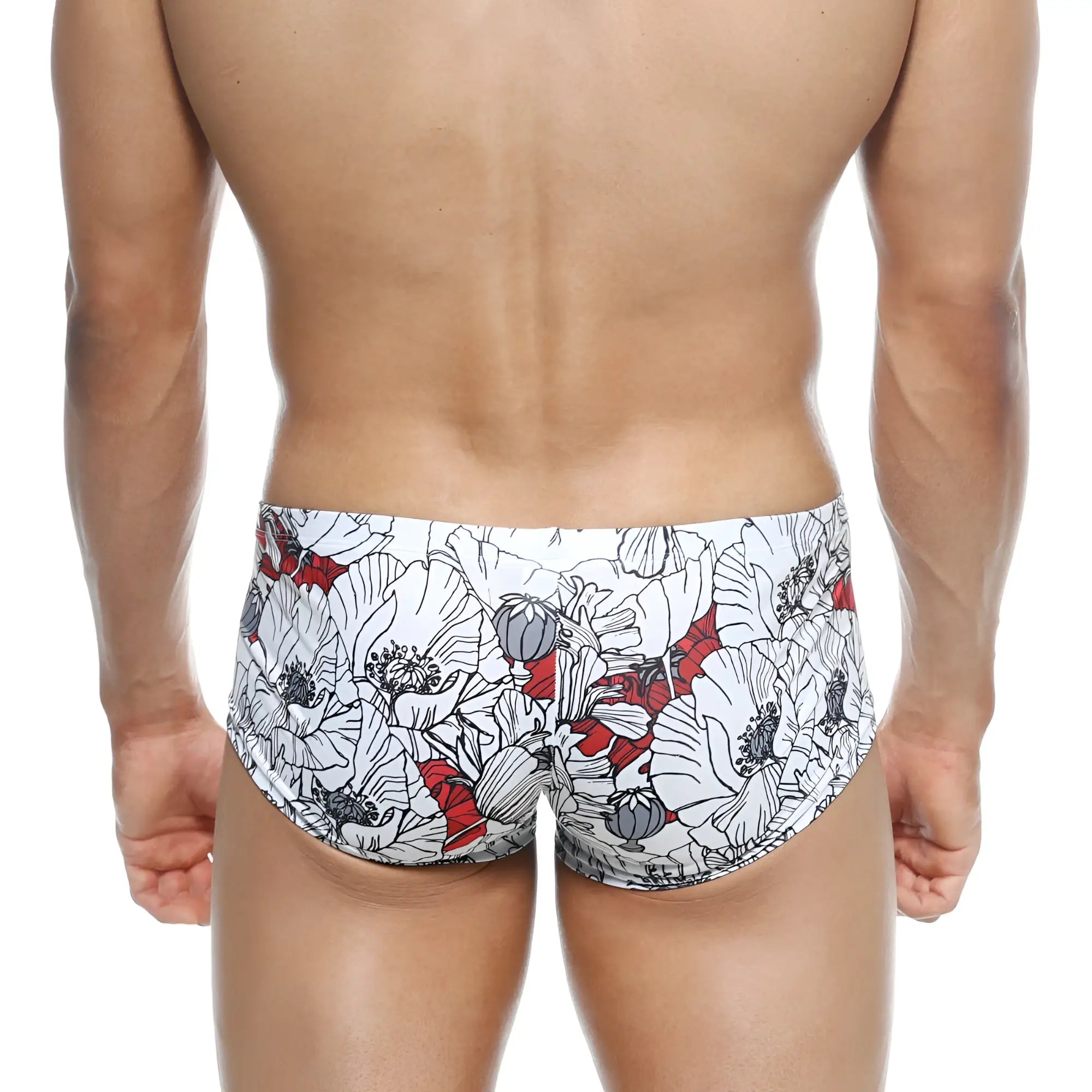 MetroMaleWear Oscar boxer swim trunks white with bold floral pattern black outlines and red accents