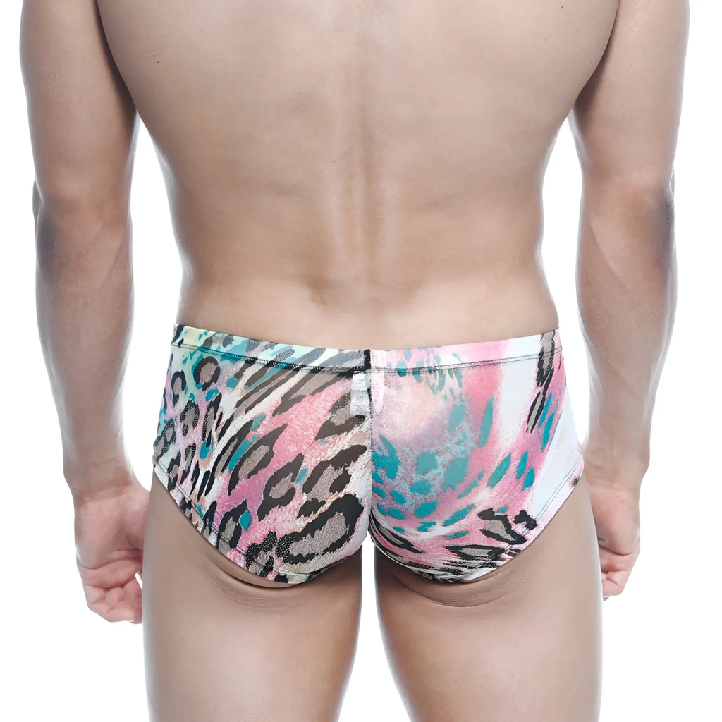 Vibrant pink and teal leopard-print glossy fabric swim trunks metro male wear oscar boxer fenrir 2125-79 front view